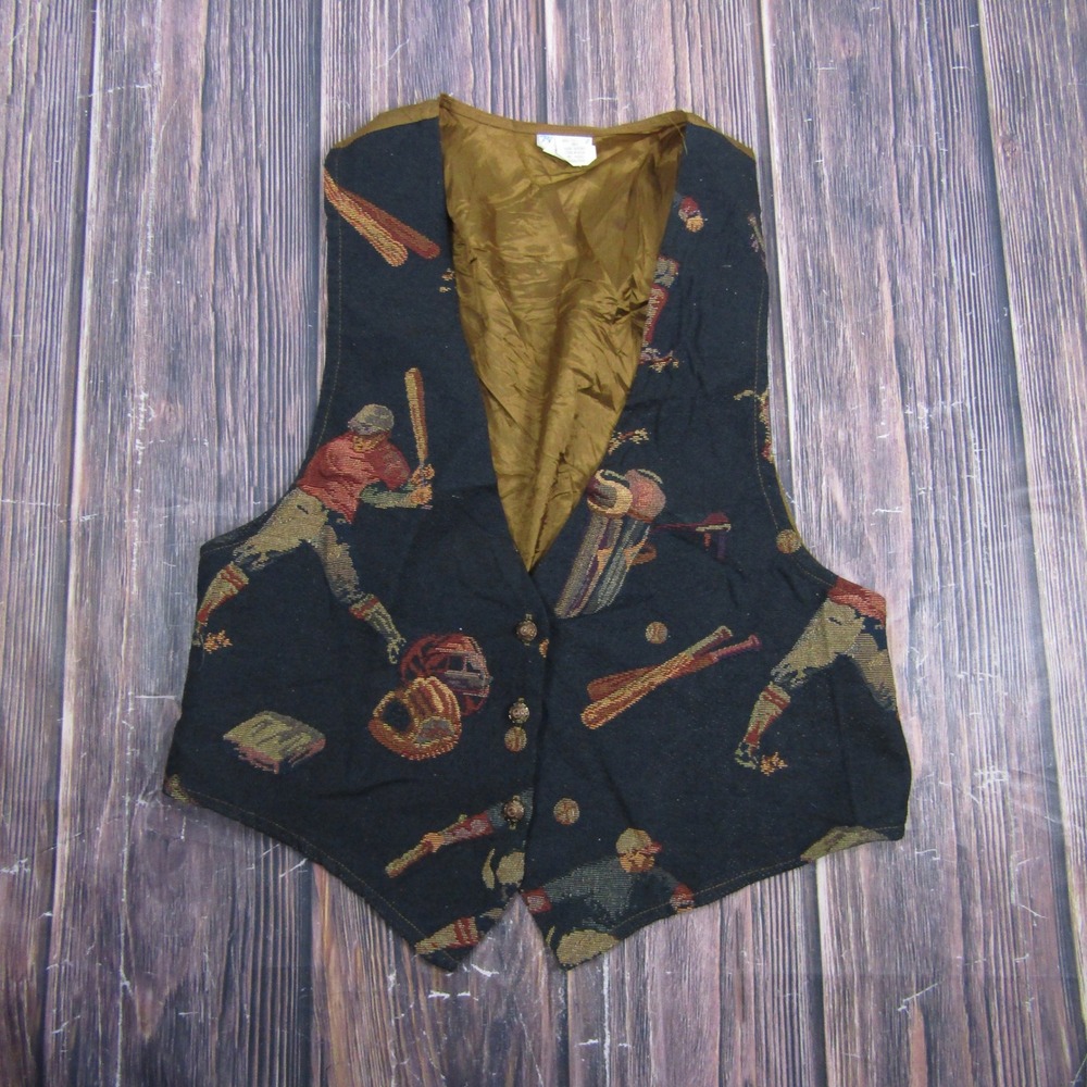 Backroad Blues Vest Women Large Black Baseball Tapestry Vintage Made in USA